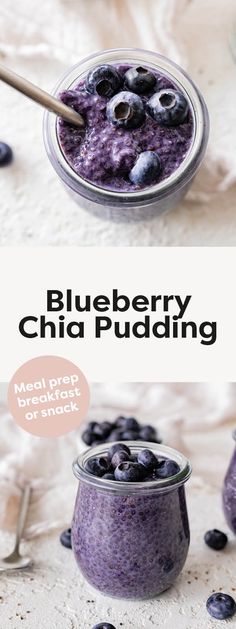 blueberry chia pudding in a glass jar with spoon and bowl next to it