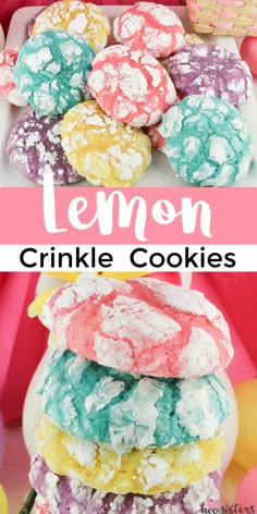 lemon crinkle cookies stacked on top of each other with the words lemon next to them