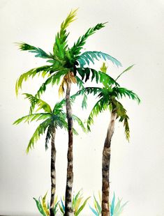 three palm trees painted in watercolor on white paper with blue and green foliage around them