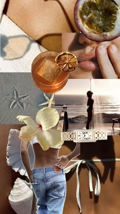 a collage of photos with people, flowers and fruit in them on the beach