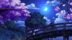 an anime scene with a bridge and trees in the foreground, full of purple flowers