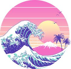 an image of the great wave at sunset with palm trees and mountains in the background