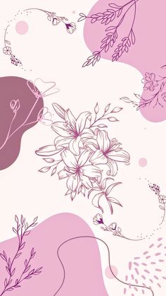 a drawing of flowers and leaves on a pink background