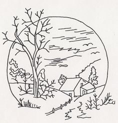 a black and white drawing of a house in the distance with trees on either side