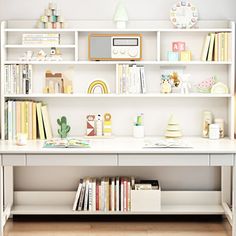 a white desk topped with lots of books