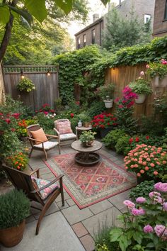 an outdoor patio with lots of flowers and plants around it, including chairs and rugs