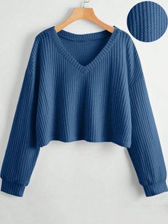 Women's Casual Solid Color Dropped Shoulder Cropped T-Shirt, Autumn Blue Casual  Long Sleeve Knitted Fabric Plain  Non-Stretch  Women Clothing, size features are:Bust: ,Length: ,Sleeve Length: Sweater Off Shoulder, Clothes Stickers, Autumn Blue, Contrast Collar, Women's Shapewear, Cropped T Shirt, Blue Sweater, Fall Style, Inspiration Mode