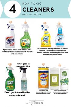 four different types of cleaning products are shown in this ad for cleaners and hand sanitizers