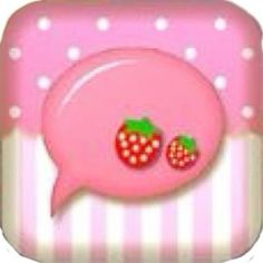 a pink plate with two strawberries on it and a speech bubble above the plates