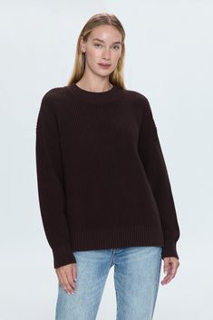 Mockneck long sleeve sweater with wide ribbed cuffs and collar. Crafted from a marled, waffle knit with directional knitting and dropped shoulders for a relaxed fit and transitional wearability. Espresso is a deep brown color offering that's exclusively ours. 100% Cotton Imported