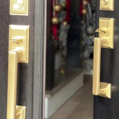 an open door with gold handles and knobs in front of the entrance to a building