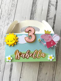 a birthday card with peppa the pig on it and numbers 3, 3, 4, 5