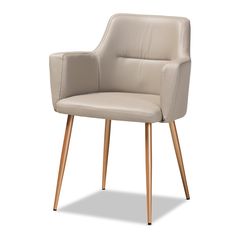 a beige chair with wooden legs and an upholstered backrest, measurements for the seat