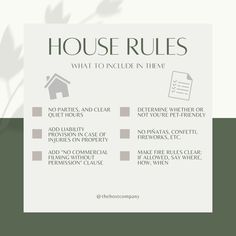 the rules for house rules are shown in green and white colors, with leaves on it