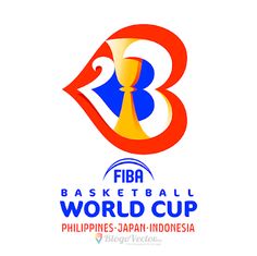 the fiba basketball world cup logo is shown in red, yellow and blue colors