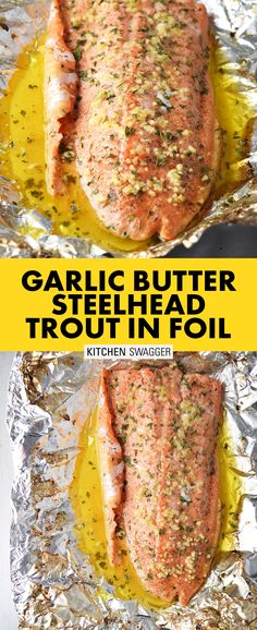 garlic butter steak in foil with text overlay