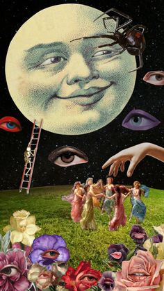 an image of a woman reaching out to the moon with her hands and eyes open