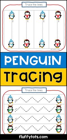 the penguin traceing worksheet is shown with penguins on it and two lines