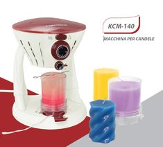 an image of a machine with candles next to it on a red and white background