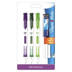 four different colored toothbrushes in packaging