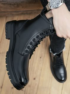 Black     Plain  Embellished   Men Shoes Casual High Ankle Martin Boots For Business, Business High Ankle Martin Boots For Winter, Fall Casual Combat Boots, Black High Ankle Martin Boots For Business, Business Winter Ankle-high Lace-up Boots, Business Winter Lace-up Ankle-high Boots, Ankle-high Lace-up Boots For Business In Winter, Black Plain Toe Martin Boots For Fall, Fall Black Plain Toe Martin Boots