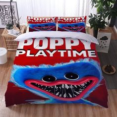 a bed with an angry face on it and the words poppy playtime written in red