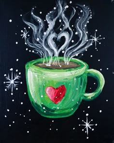 a painting of a green cup filled with hot chocolate and topped with a red heart