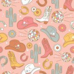 a pink background with cowboy hats and other items