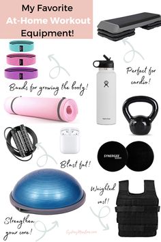 various items that include yoga mats, water bottle and exercise equipment