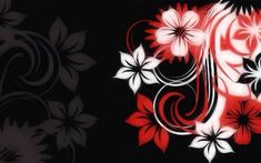 the letter j is decorated with red and white flowers on a black background that has swirls and leaves