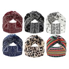 six bandannas in different colors and patterns, all with one knot at the top