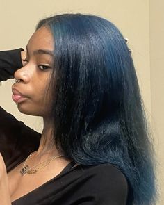 Dark Blue Hair Black Women Natural, Blue Black Natural Hair, Midnight Indigo Hair Color, Natural Hair Dyed Blue, Dark Blue Hair On Brown Skin, Midnight Blue Hair On Black Women, Blue Dyed Hair Black Women, Blue Natural Hair Black Women