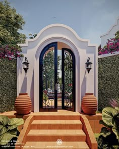 an entrance to a home with steps leading up to it and potted plants on either side