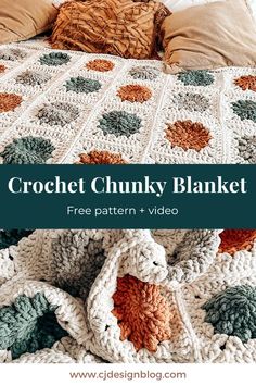 the crochet chunk blanket is on top of a bed with pillows and blankets