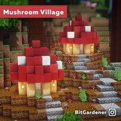 the mushroom village in minecraft is shown with red and white houses on it's sides