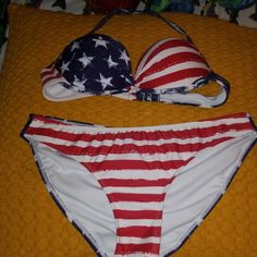 American Flag Bikini Brand New Never Worn Includes Top And Bottom American Flag Print Blue Swimwear For Beach, Patriotic Blue Swimwear With American Flag Print, American Flag Print Blue Swimwear, Patriotic American Flag Print Swimwear, Cotton V-neck Top With American Flag Print, Blue Flag, Red White And Blue, Push Up, Womens Swim