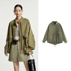 42755660841133|42755660873901|42755660906669|42755660939437 Coat Collar, Army Green Jacket, Trench Coats Women, Style Streetwear, Outerwear Coats, Stand Collar, Army Green, Women Clothing, Sleeve Styles