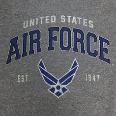 "The Air Force Wings EST. 1947 Long sleeve T-shirt in Grey is the perfect faded Air Force T-shirt to show off your Air Force Pride! 50% Cotton/ 50% Polyester Unisex fit Screen print ""United States Air Force EST 1947"" and wings logo on front and ""Fly Fight Win"" on the sleeve Air Force Graduation, Air Force Sweatshirt, Air Force Shirt, Wings Logo, U S Air Force, Graduation Shirts, United States Air Force, Us Air Force, Front Design