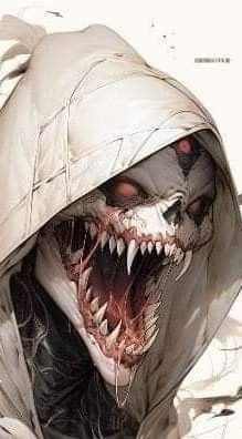 a person in a white hood with fangs on their face