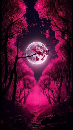 the full moon is shining in the night sky over a forest filled with pink trees