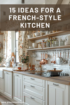 kitchen inspo, kitchen ideas, french country kitchen, french kitchens French Farmhouse Kitchen Decor, French Kitchens Ideas, French Country Cottage Kitchen Farmhouse Style, White Vintage Kitchen Ideas, French Kitchen Design Farmhouse Style, French Farm Kitchen Ideas, Kitchen Styling Ideas Inspiration, French Design Kitchen, Old World French Kitchen