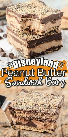 the peanut butter sandwich bars are stacked on top of each other and ready to be eaten