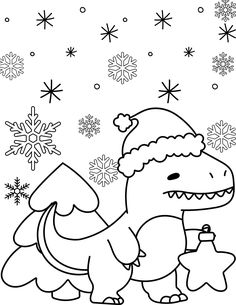 a dinosaur wearing a santa hat and holding a star in its hand with snowflakes behind it