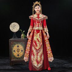 (eBay) Xiuhe Dress Bride Chinese Retro Wedding Dress Set Full Length Red Toast Costume Red Long Dresses For Banquet, Red Long Embroidered Dress, Floor-length Dresses For Marriage, Traditional Red Dress For Marriage, Traditional Red Gown With Long Sleeves, Elegant Red Ceremonial Dress, Traditional Red Marriage Dress, Red Floor-length Gown For Traditional Ceremonies, Traditional Long Sleeve Red Gown