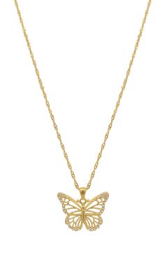 Cubic zirconia stones sparkle along a cutout butterfly pendant necklace that gleams with water-resistant 14K yellow gold plating. 17" chain length with 2" extension, 1" pendant length 14K yellow gold plated stainless steel/cubic zirconia Imported Gold Cubic Zirconia Butterfly Pendant Necklace, Gold Butterfly Pendant Necklace In Cubic Zirconia, Gold Cubic Zirconia Butterfly Necklace, Gold Cubic Zirconia Butterfly Necklace With Clavicle Chain, Jewelry Accessories Ideas, Butterfly Pendant Necklace, Accessories Ideas, Gold Butterfly, Butterfly Pendant