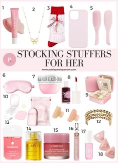 the top ten stocking stuff for her is shown in pink, white and gold