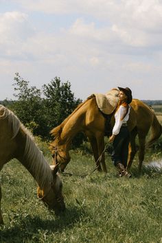 two horses are grazing in the grass with a woman standing next to them and one horse has its head down