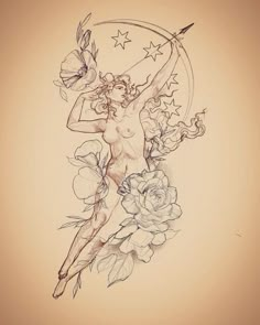 a drawing of a woman with flowers and stars on her body, holding an arrow