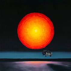 a painting of a black car in front of an orange and yellow sun on a dark background