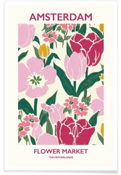 a flower market poster with pink flowers and green leaves on it's front cover